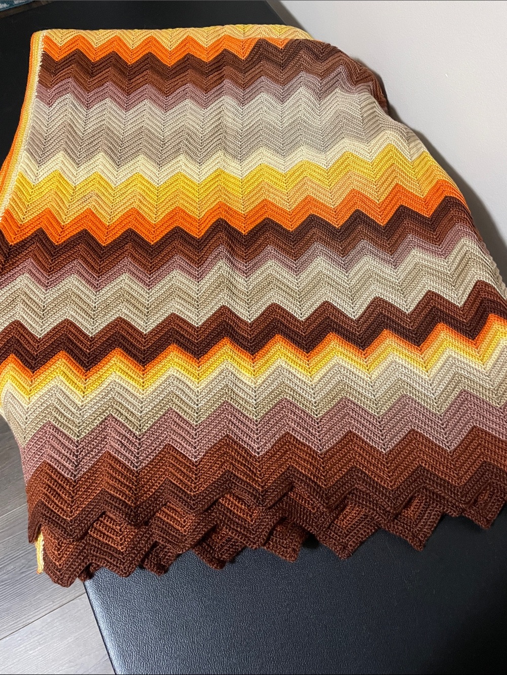 Vintage Chevron Knit Throw Blanket in Brown, Yellow & Cream